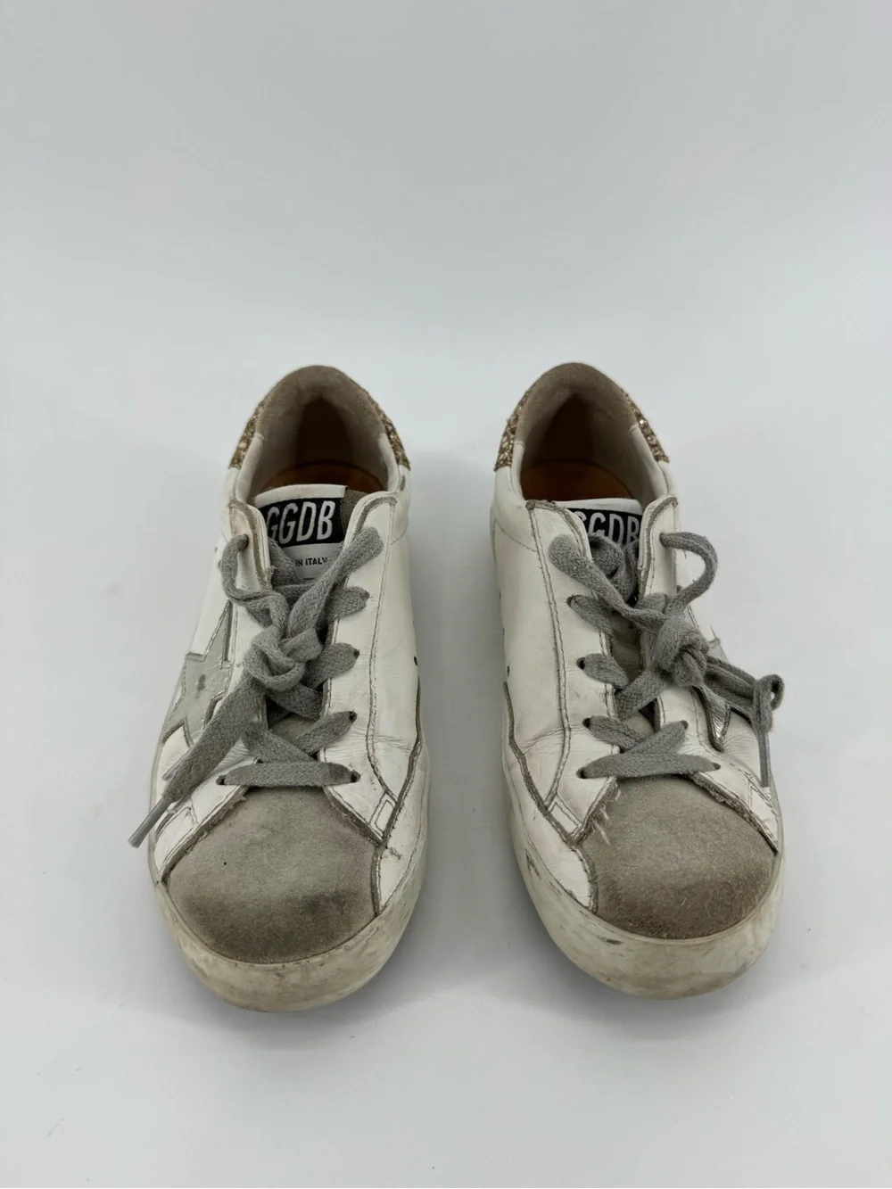 Kids Golden Goose White & Silver Superstar Sneaker with Gold Glitter Heel